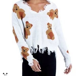 Just Polly NY Teddy Bear Sweater Women's SZ L V-Neck Fray Frilly Knit